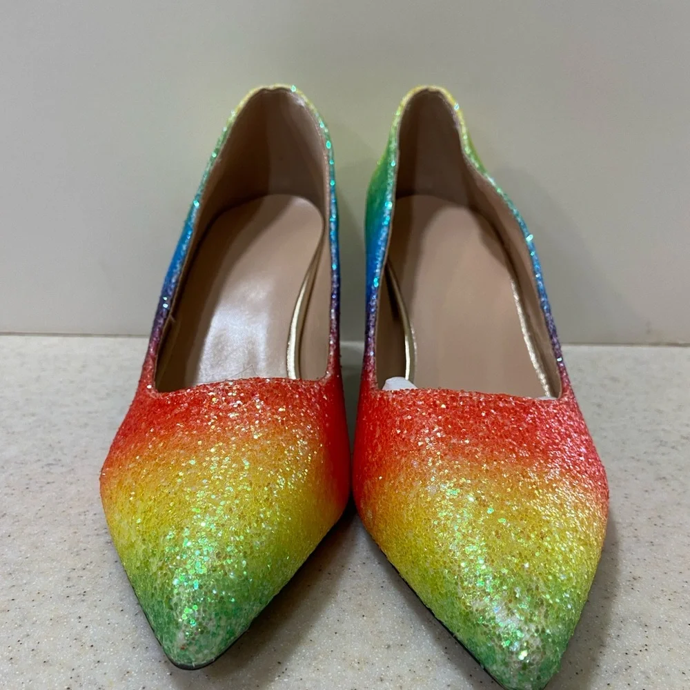 Rainbow Glitter Pointed-Toe Stiletto Pumps - EU 42